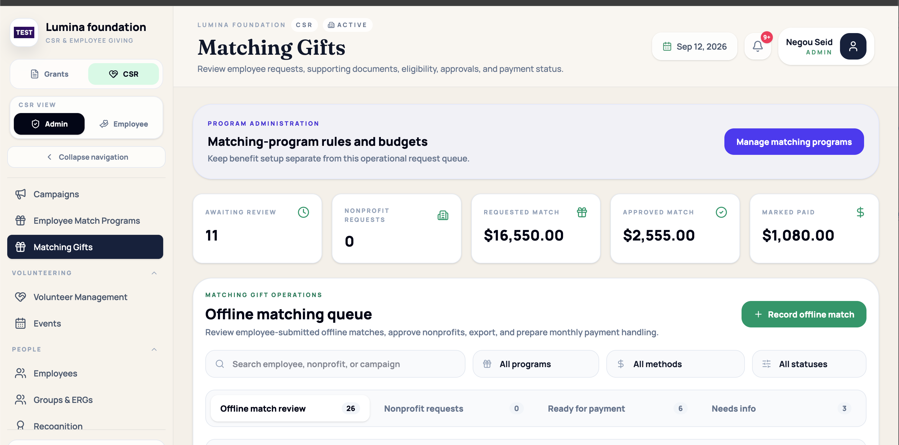 FoundationOS matching-gift operations workspace showing requests awaiting review, requested and approved amounts, paid amounts, approval queues, and program controls
