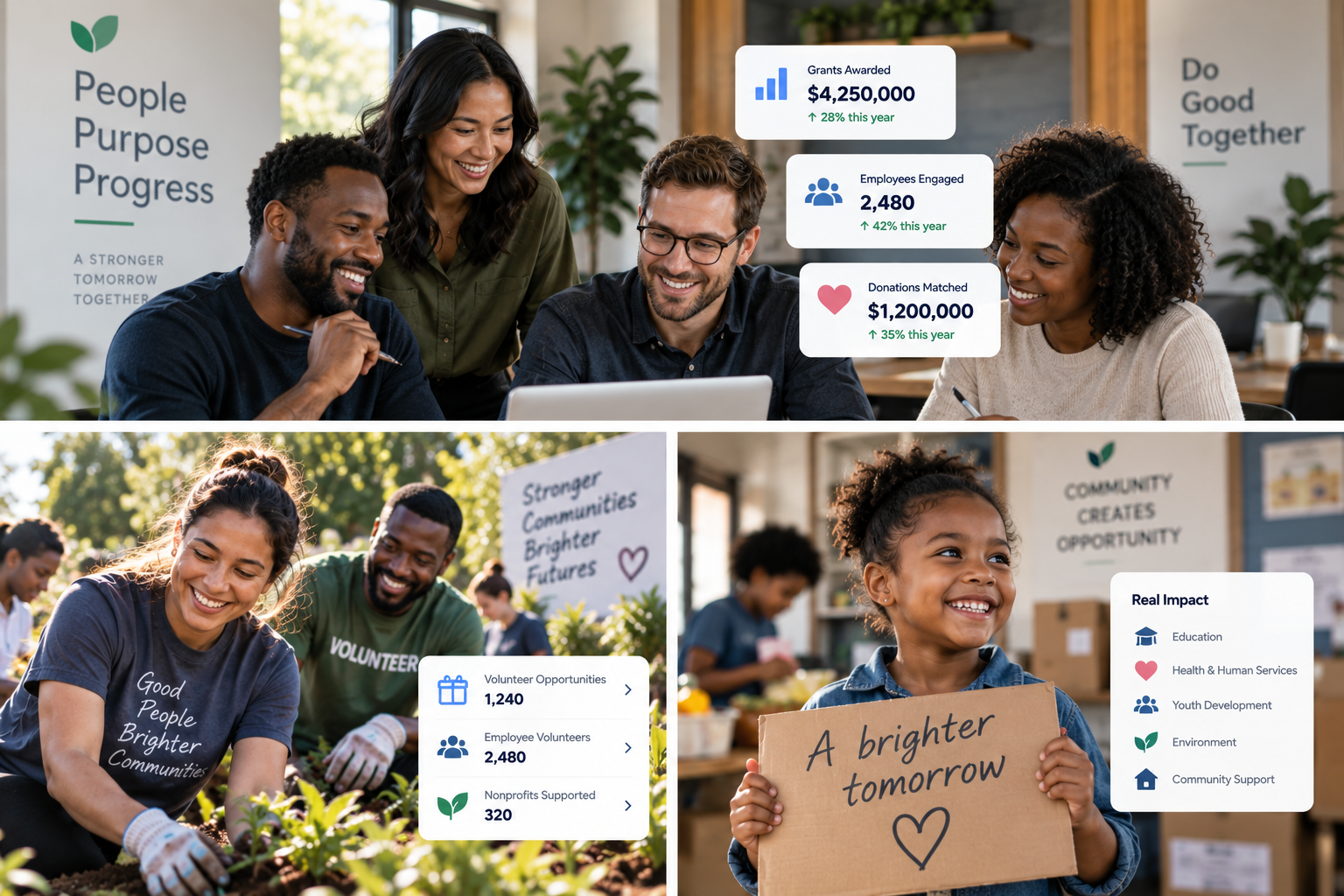 Community impact collage showing a giving team, volunteers gardening, and a child holding a brighter tomorrow sign, with illustrative impact figures